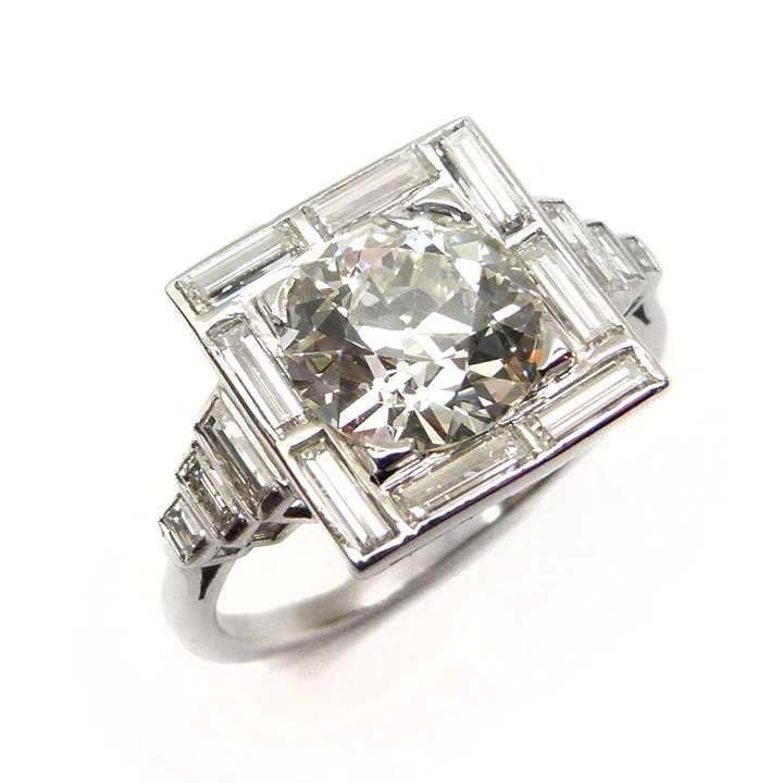Art Deco cushion diamond and baguette diamond cluster ring